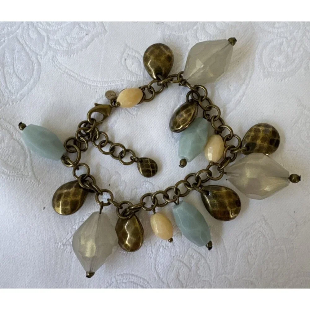 Premier Designs Beaded Charm Bracelet Blue Cream Dark Goldtone 8.5
